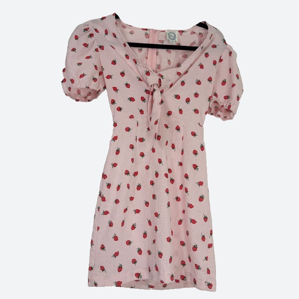 Super cute Francesca’s light pink strawberry mini dress with tie front